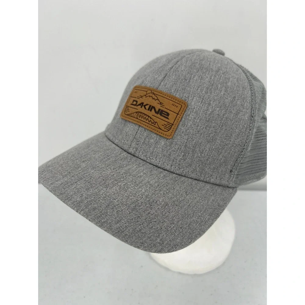Dakine Mens Heather Grey Mesh Back Trucker Hat Faux Leather Patch Snapback Cap
